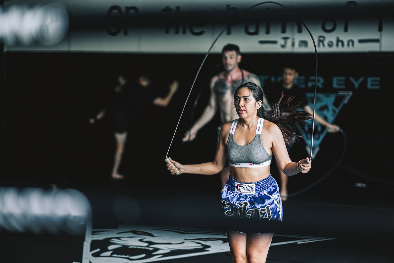 Student skipping rope during the warm-up at Tiger Eye MMA in Bangkok